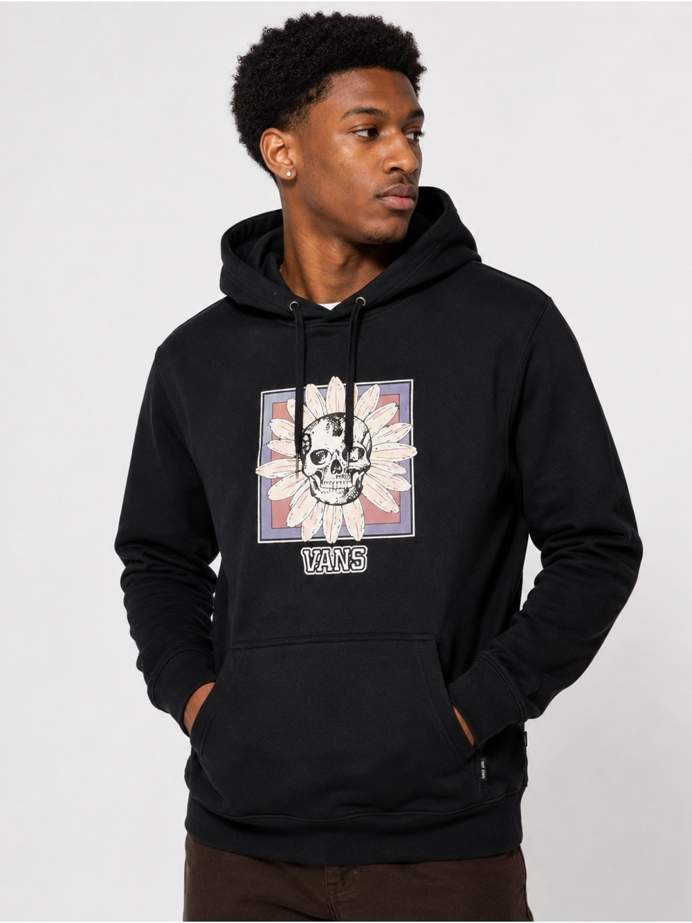 Vans Men’s Black Hoodie with Skull & Flower Graphic
